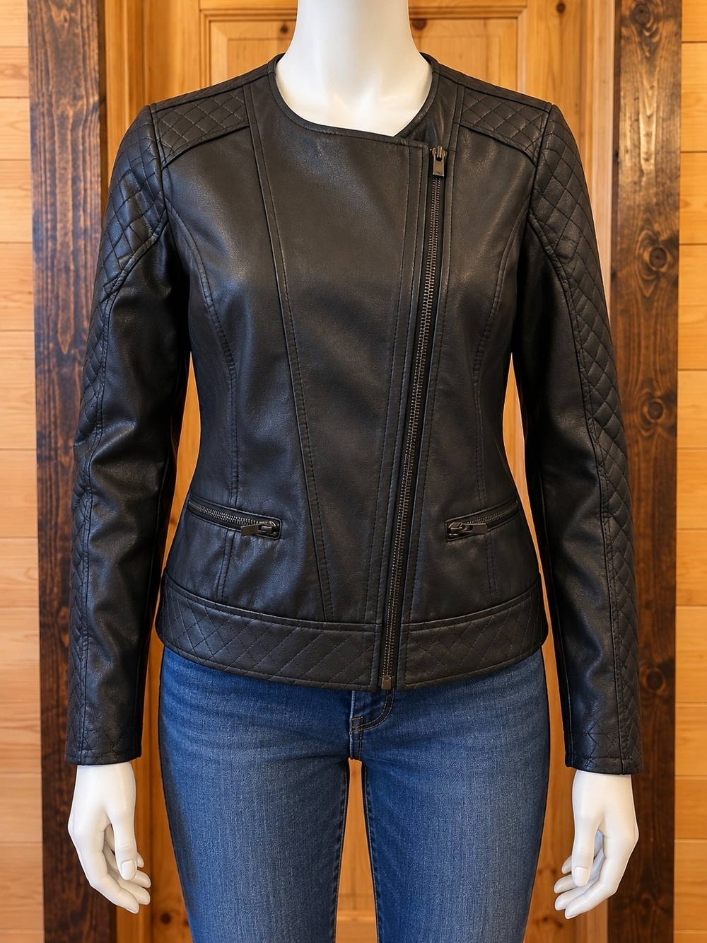 Liverpool Black Quilted Faux Leather Moto Jacket